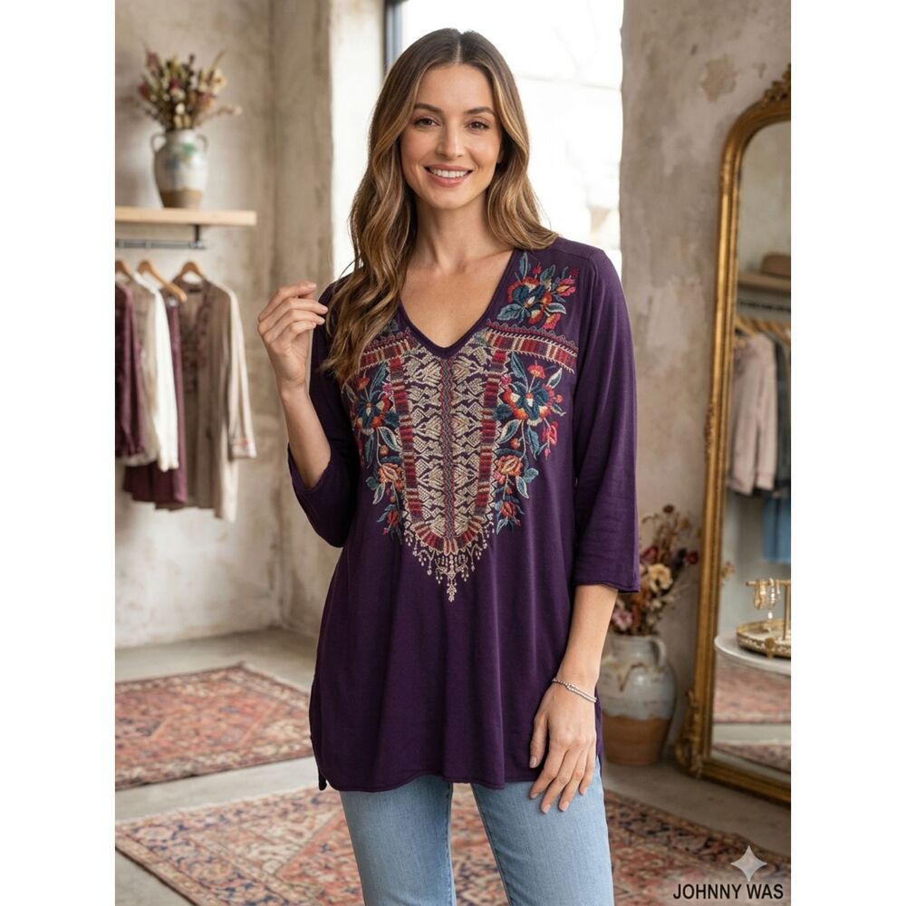 Johnny Was Claude Embroidered Tunic Blouse 3/4 Sleeve Small Artisan Purple Chic